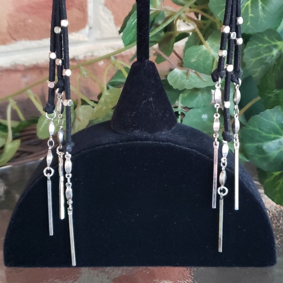 🐶 Long Black Leather & Silvertone Tassel Earrings - Picture 2 of 5